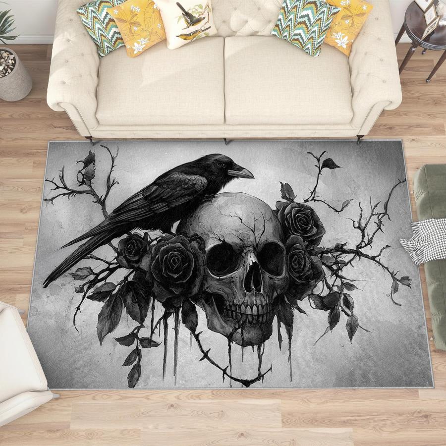 【並行輸入品】 Gothic Rugs for Bedroom Skull Rug， 5x8 Rug， Goth Crow Washable_3