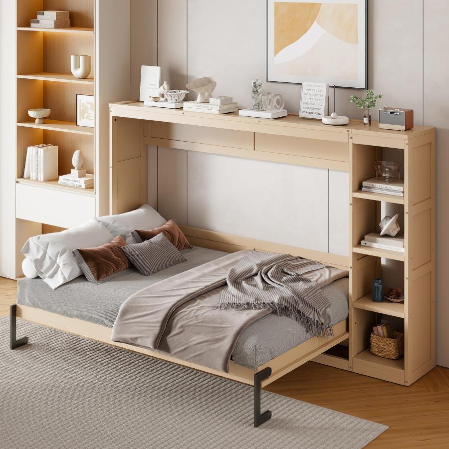【並行輸入品】 Merax Full Size Murphy Bed Cabinet with 4 Side Storage Racks, Woの画像