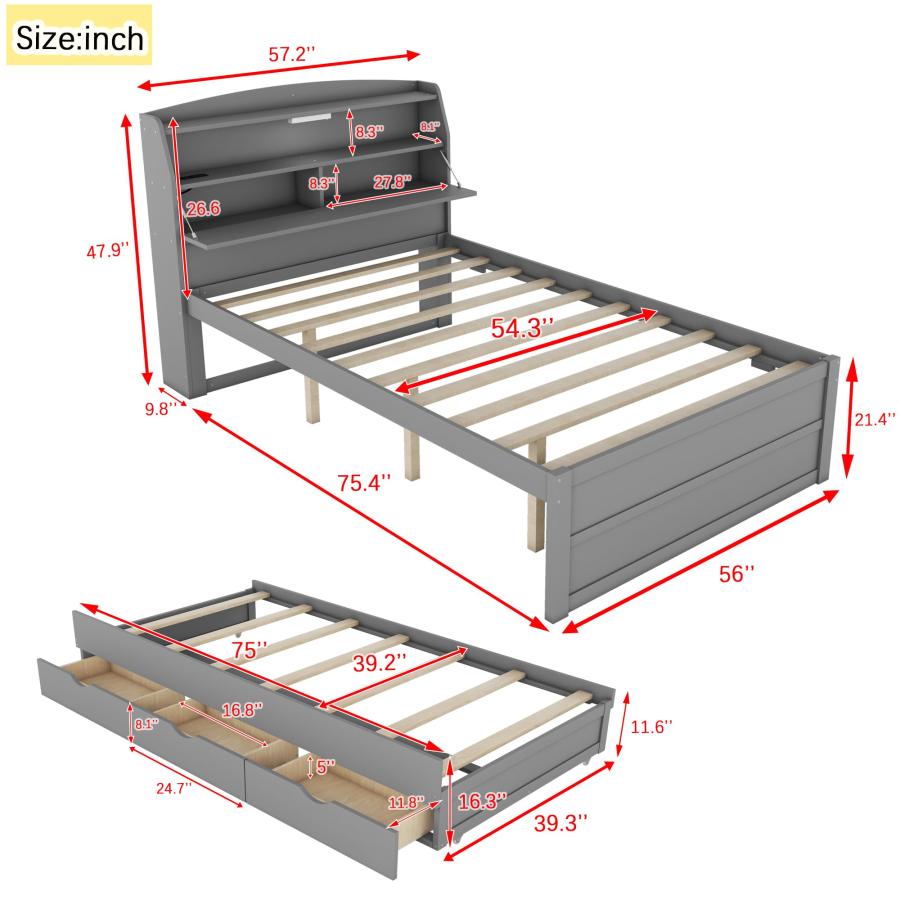 【並行輸入品】 Merax Full Size Bed Frame with Trundle & 3 Drawers， Wooden Platf_3