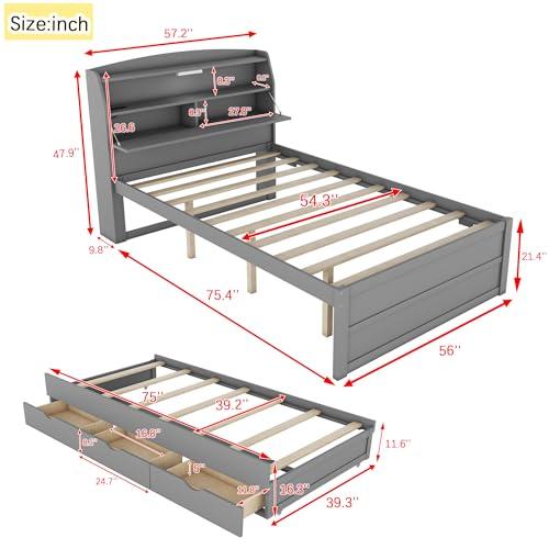 【並行輸入品】 Merax Full Size Bed Frame with Trundle & 3 Drawers， Wooden Platf_4