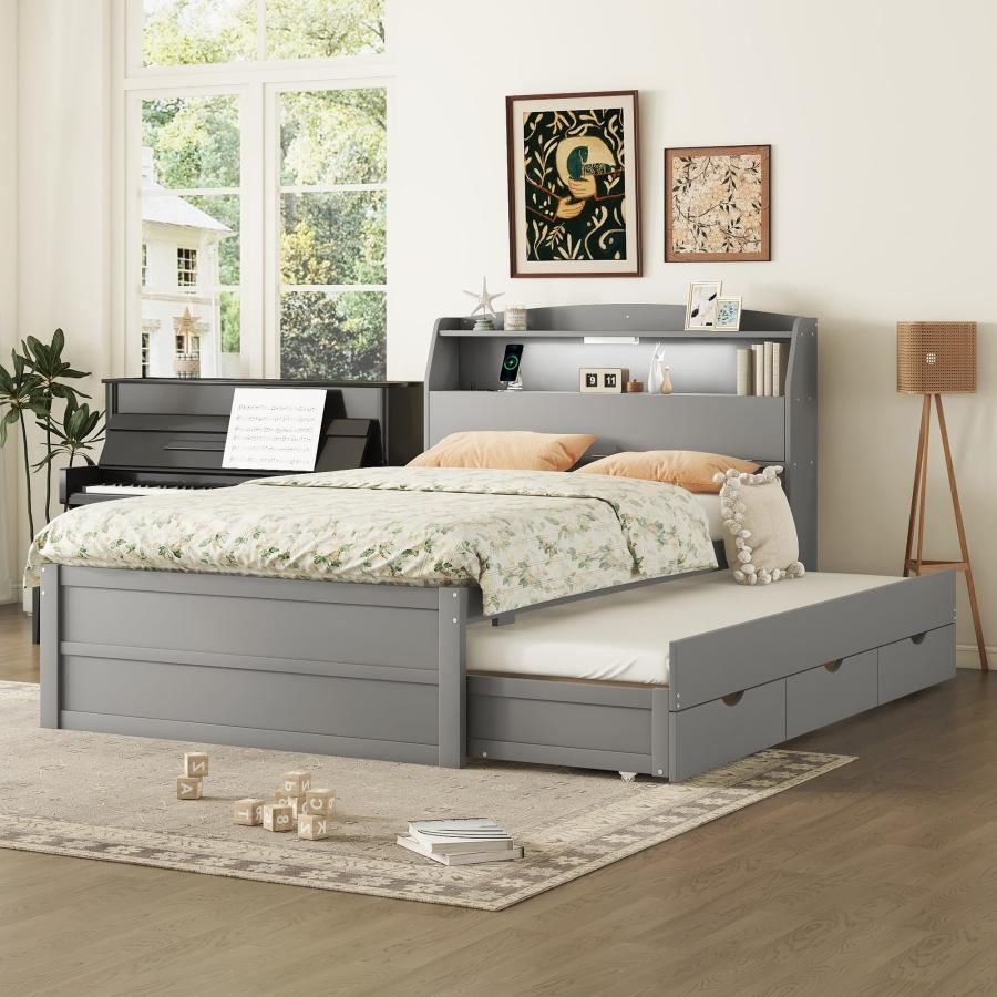 【並行輸入品】 Merax Full Size Bed Frame with Trundle & 3 Drawers， Wooden Platf_6