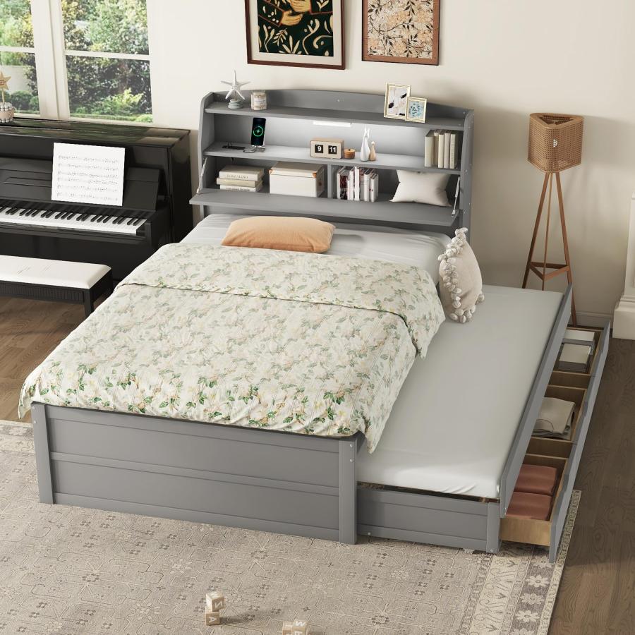 【並行輸入品】 Merax Full Size Bed Frame with Trundle & 3 Drawers， Wooden Platf_9