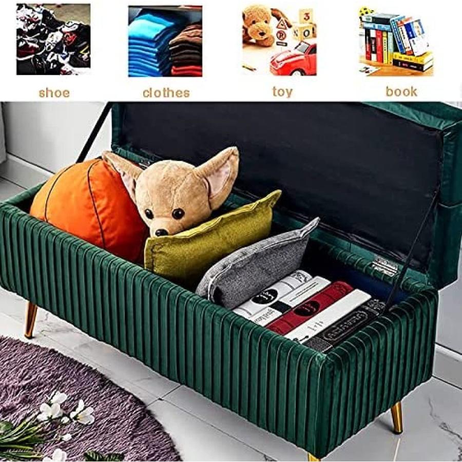 【並行輸入品】 WENWENLEE Velvet Upholstered Storage Bench， Living Room Entry Sh