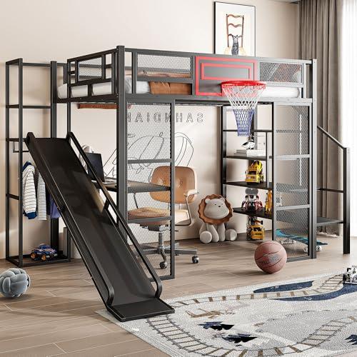 【並行輸入品】 SOFTSEA Full Size Loft Bed with Desk & Stairs， Metal Loft Bed wi_1