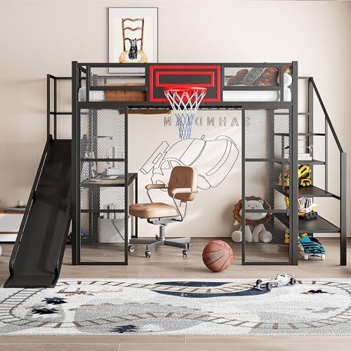 【並行輸入品】 SOFTSEA Full Size Loft Bed with Desk & Stairs， Metal Loft Bed wi_4