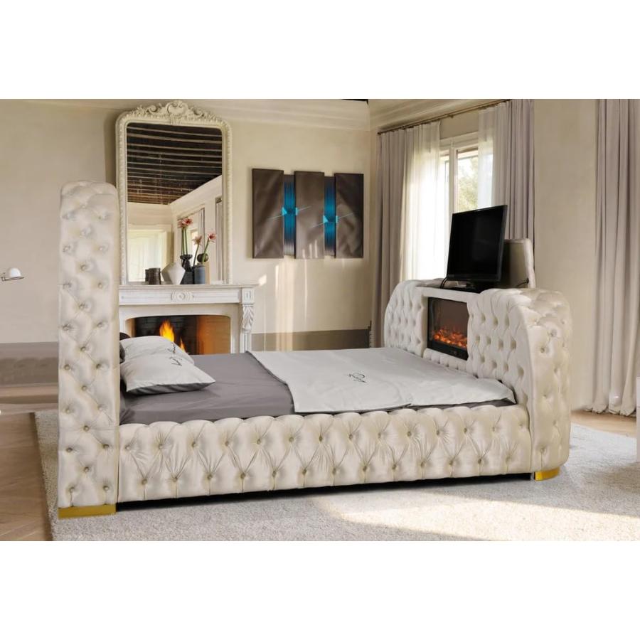【並行輸入品】 First of a Kind Leon Velvet Queen Bed Frame with TV Stand \u0026 Fireの画像