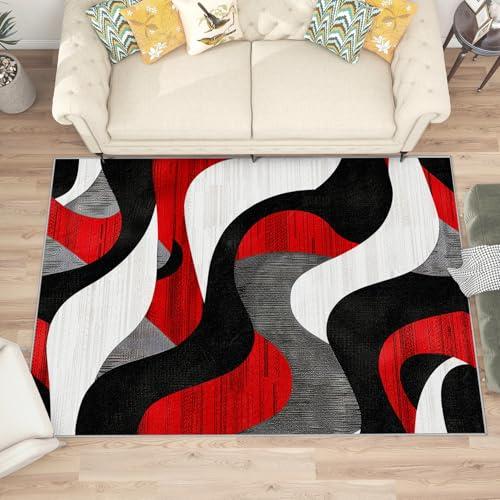 【並行輸入品】 Modern Rugs for Living Room Abstract Rug， 5x8 Rug， Red Black W_4