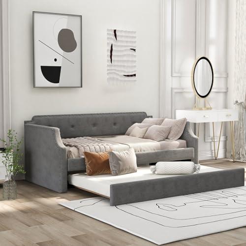 【並行輸入品】 Gray Linen Upholstered Daybed with Trundle， Twin Sofa Bed with W_1
