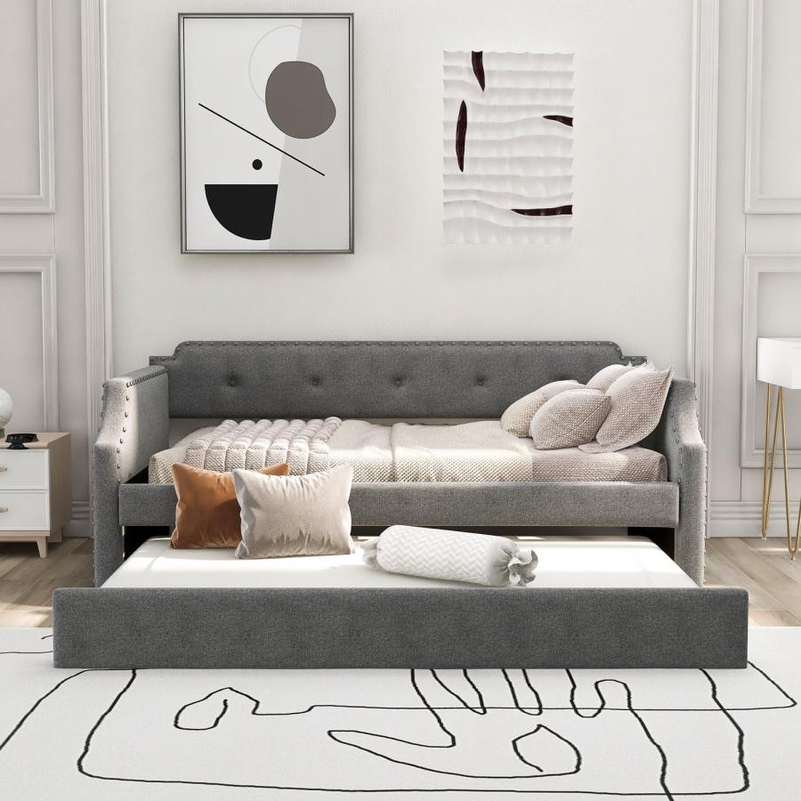 【並行輸入品】 Gray Linen Upholstered Daybed with Trundle， Twin Sofa Bed with W_6