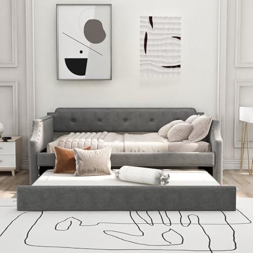 【並行輸入品】 Gray Linen Upholstered Daybed with Trundle， Twin Sofa Bed with W_7