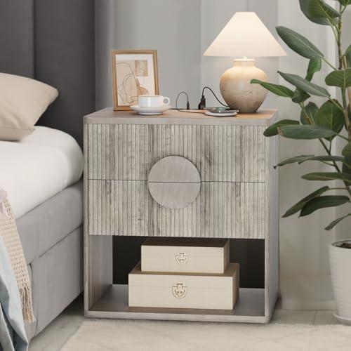 【並行輸入品】GarveeHome 溝付きナイトスタンド 充電ステーション付き サイドテーブル 引き出し2個付き モダンなファームハウス ナイト_1