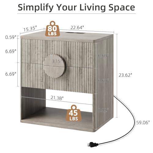 【並行輸入品】GarveeHome 溝付きナイトスタンド 充電ステーション付き サイドテーブル 引き出し2個付き モダンなファームハウス ナイト_4