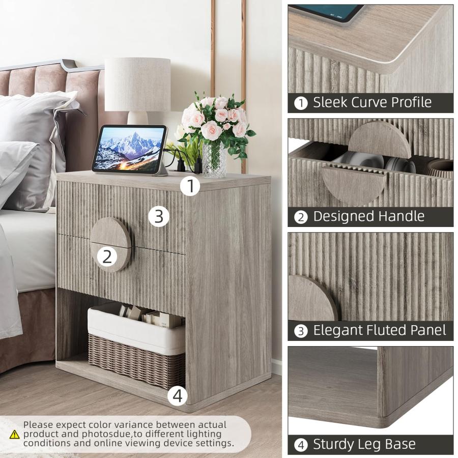 【並行輸入品】GarveeHome 溝付きナイトスタンド 充電ステーション付き サイドテーブル 引き出し2個付き モダンなファームハウス ナイト_6