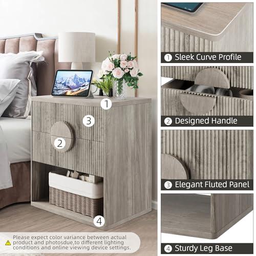 【並行輸入品】GarveeHome 溝付きナイトスタンド 充電ステーション付き サイドテーブル 引き出し2個付き モダンなファームハウス ナイト_7