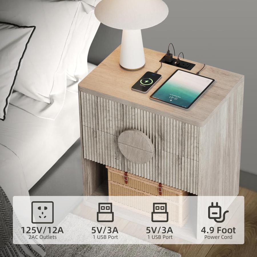 【並行輸入品】GarveeHome 溝付きナイトスタンド 充電ステーション付き サイドテーブル 引き出し2個付き モダンなファームハウス ナイト_9