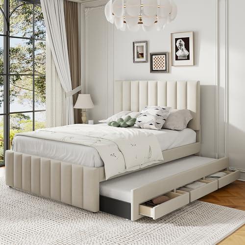 【並行輸入品】 Merax Full Size Bed Frame with Twin Size Trundle and 3 Drawers，_1