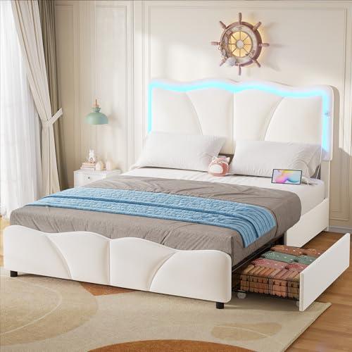 【並行輸入品】 Full Size Upholstered LED Bed Frame with Adjustable Chic Petal H_1