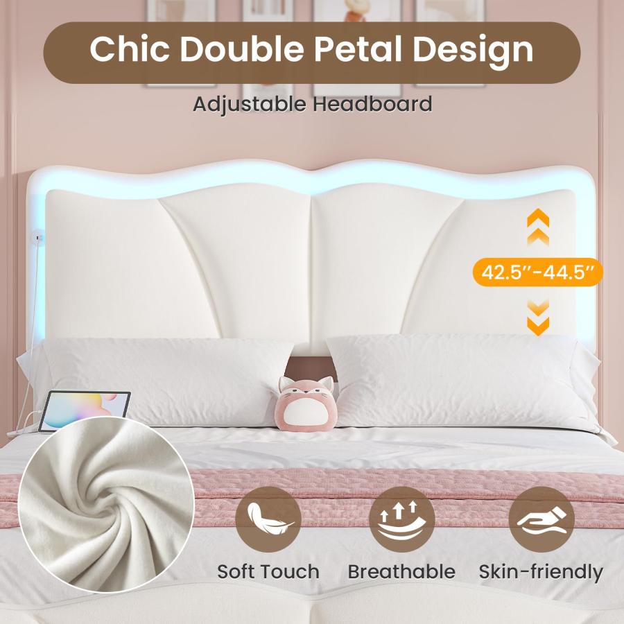 【並行輸入品】 Full Size Upholstered LED Bed Frame with Adjustable Chic Petal H_6