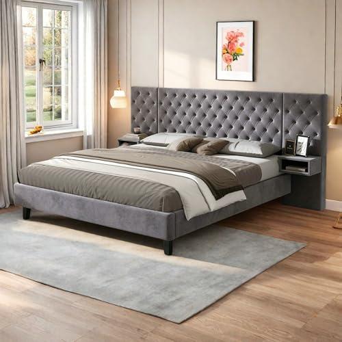 【並行輸入品】 SOFTSEA Upholstered Platform Bed with Wide Tufted Headboard， Kin_1