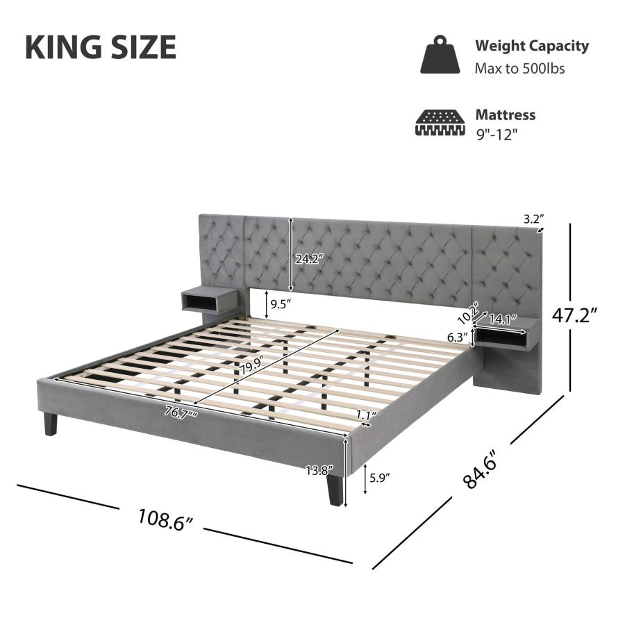 【並行輸入品】 SOFTSEA Upholstered Platform Bed with Wide Tufted Headboard， Kin_3