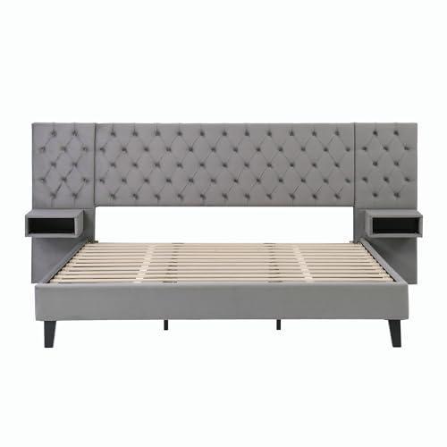 【並行輸入品】 SOFTSEA Upholstered Platform Bed with Wide Tufted Headboard， Kin_7