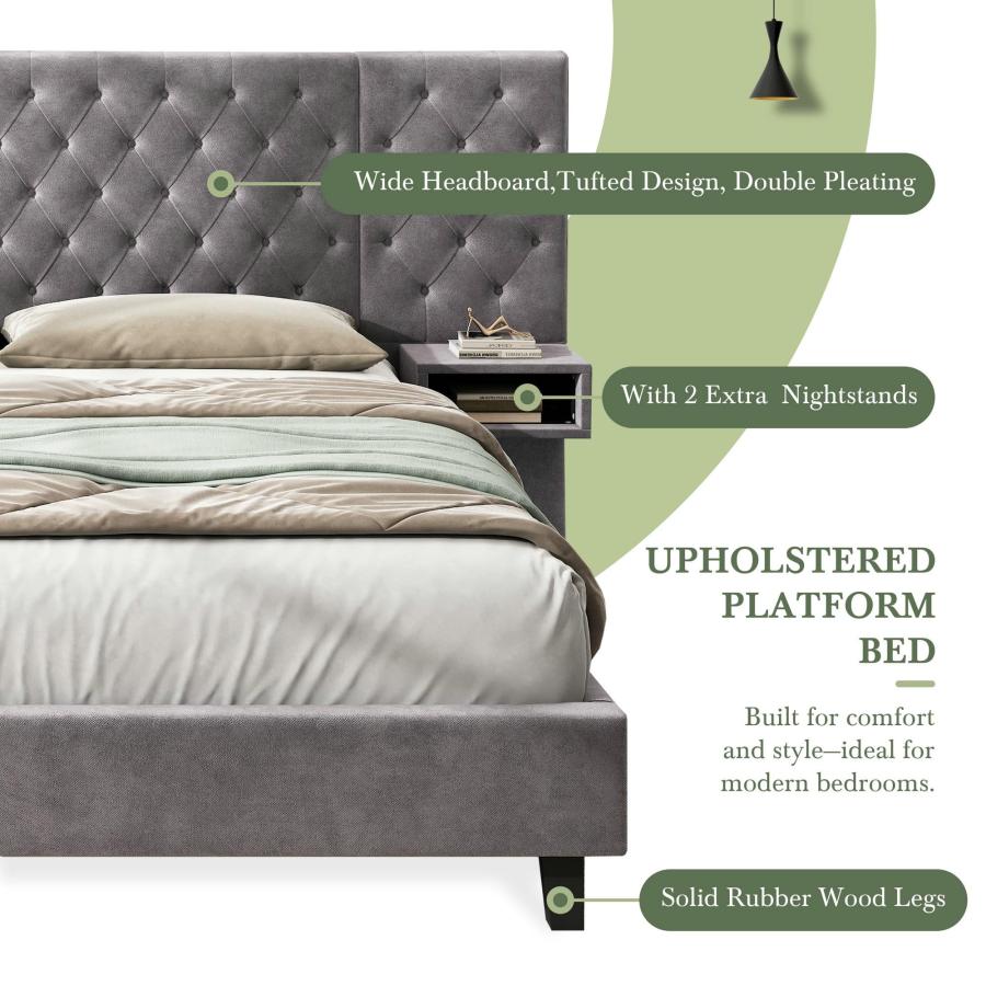 【並行輸入品】 SOFTSEA Upholstered Platform Bed with Wide Tufted Headboard， Kin_9