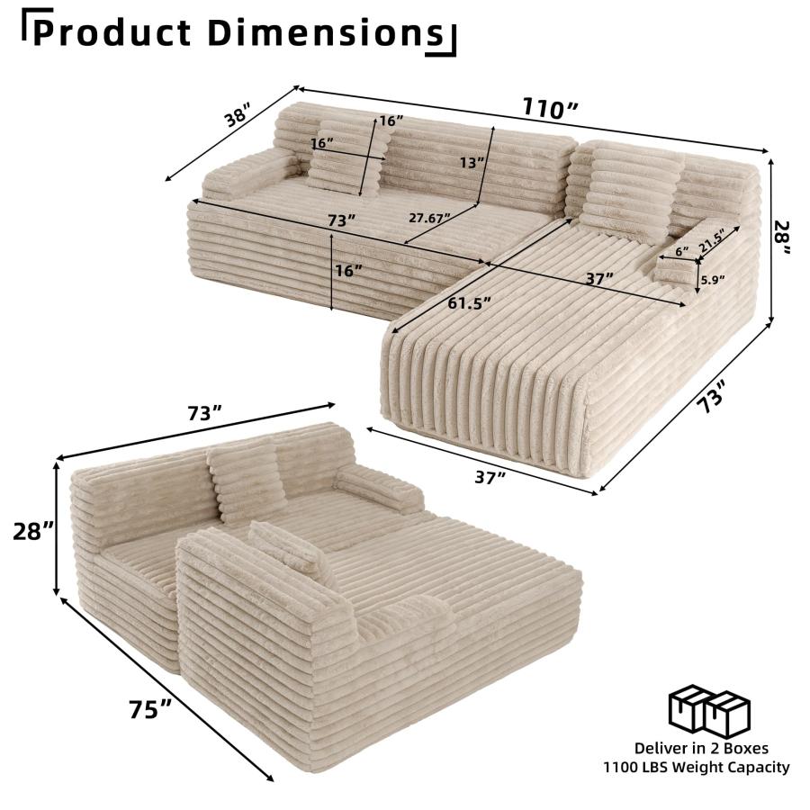 【並行輸入品】 110'' Cloud Sectional Boneless Couch， Corduroy Deep Seat Convert_3