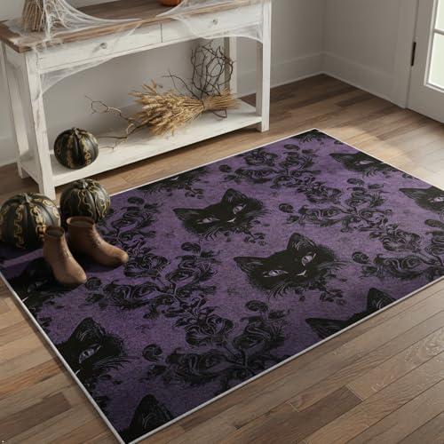 【並行輸入品】 Gothic Black Cat Area Rug 3x4 ft Witchy Lavender Floral Bedroo