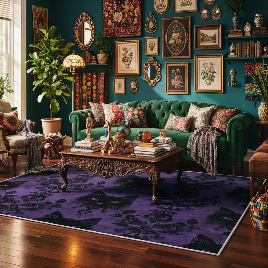 【並行輸入品】 Gothic Black Cat Area Rug 3x4 ft Witchy Lavender Floral Bedroo