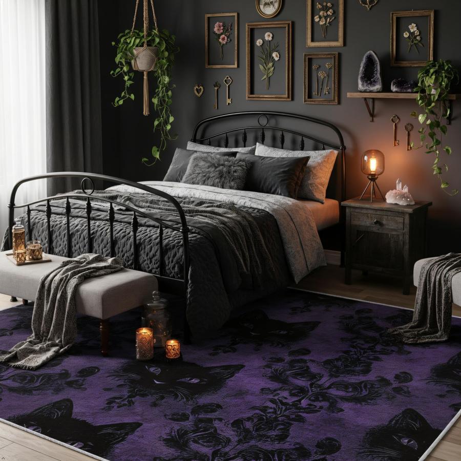 【並行輸入品】 Gothic Black Cat Area Rug 3x4 ft Witchy Lavender Floral Bedroo