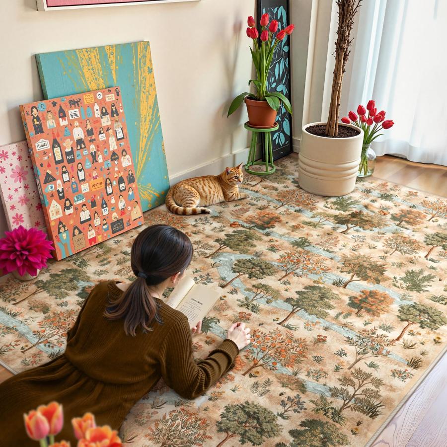 【並行輸入品】Wonnitar フォレストプリント 8x10 ラグ リビングルーム用、ソフトで洗濯可能なブラウンエリアラグ、超薄型ノンスリップラ