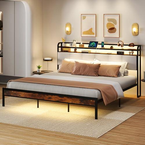 【並行輸入品】 Giantex King Size Bed Frame with Storage Headboard， Metal Platfo_1