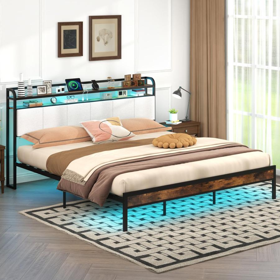 【並行輸入品】 Giantex King Size Bed Frame with Storage Headboard， Metal Platfo_6