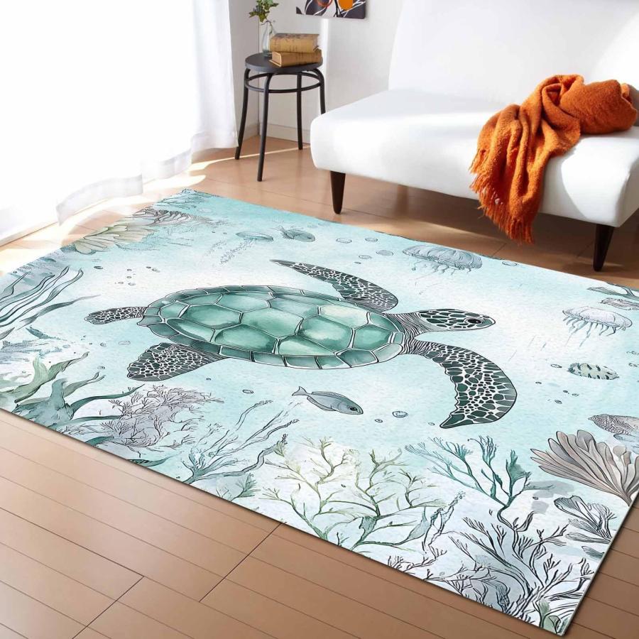【並行輸入品】海洋屋内エリアラグ、海洋動物 シアン カメ クラゲ ソフト 抜けない カーペット フロアマット ゴム裏地 洗濯可能 スローラグ リ