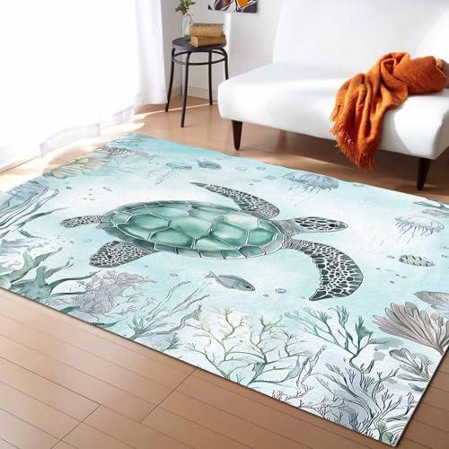 【並行輸入品】海洋屋内エリアラグ、海洋動物 シアン カメ クラゲ ソフト 抜けない カーペット フロアマット ゴム裏地 洗濯可能 スローラグ リ