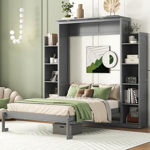 【並行輸入品】 Merax Full Size Murphy Bed with 2 Five Layer Cabinet, Modern Walの画像