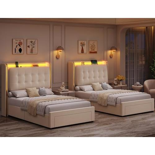 【並行輸入品】 HIFIT 2 Set Twin Size Upholstered LED Bed Frame with Charging St_1