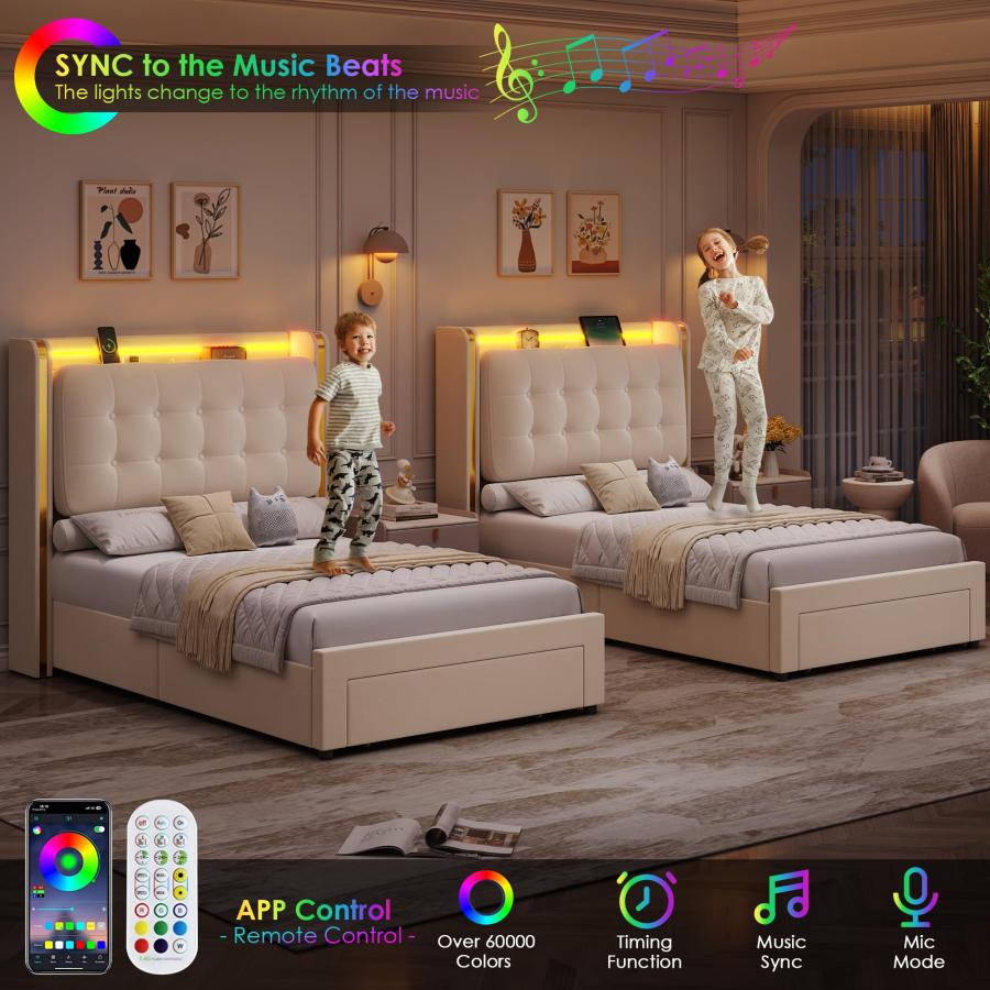 【並行輸入品】 HIFIT 2 Set Twin Size Upholstered LED Bed Frame with Charging St_6