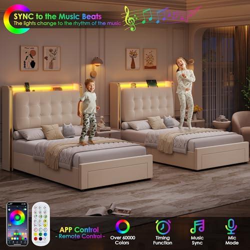 【並行輸入品】 HIFIT 2 Set Twin Size Upholstered LED Bed Frame with Charging St_7