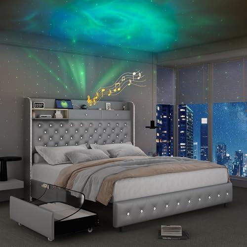 【並行輸入品】 SIBEDS Queen LED Bed Frame with Galaxy Aurora Star Projector and_1