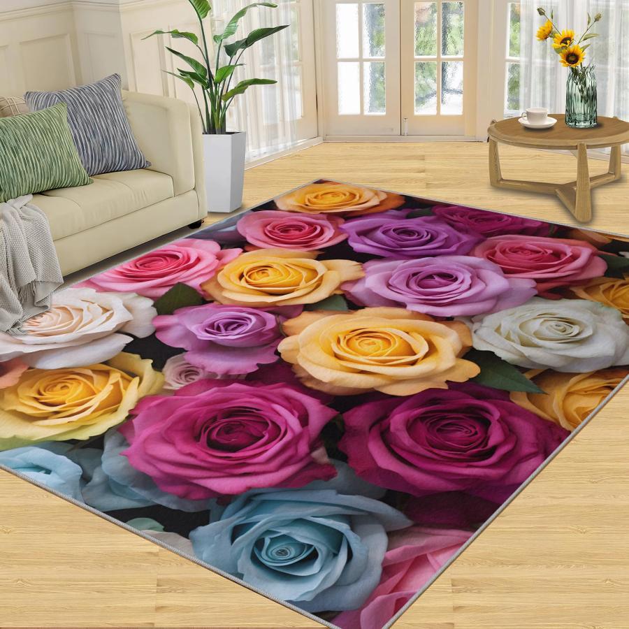並行輸入品】 Colorful Rose Rugs for Living Room 3D Roses Area Rug