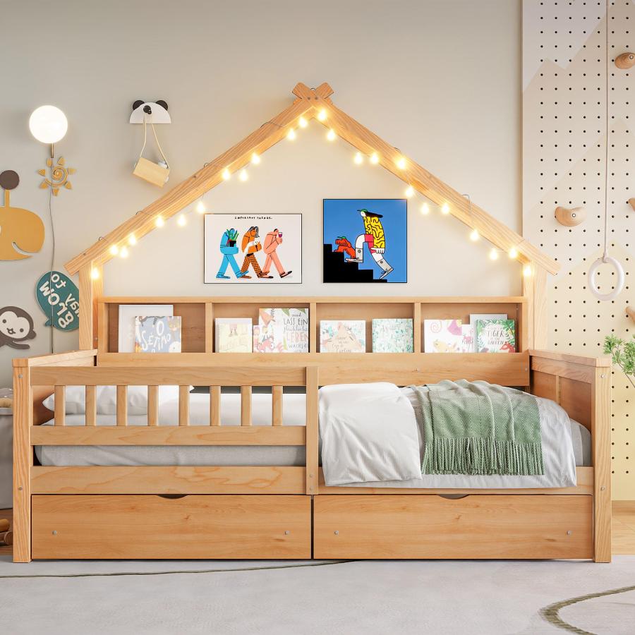 【並行輸入品】 SOFTSEA Full House Bed with 2 Storage Drawers, Kids House Platfo