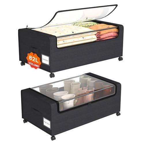 【並行輸入品】キャスター付きベッド下収納 2個パック ベッド下シューズ収納 透明な蓋とラベル付き ベッド下引き出し キャスター付きオーガナイザー_1