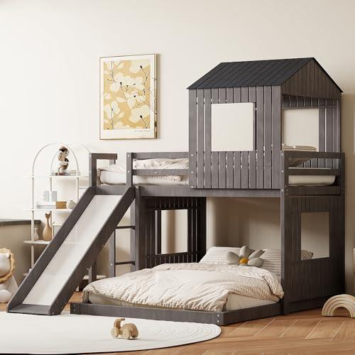 【並行輸入品】 GDFStudio Twin Over Full House Bunk Bed with Slide for Kids, Plaの画像