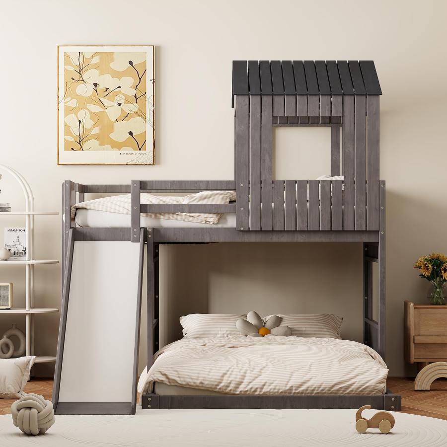 【並行輸入品】 GDFStudio Twin Over Full House Bunk Bed with Slide for Kids, Plaの画像