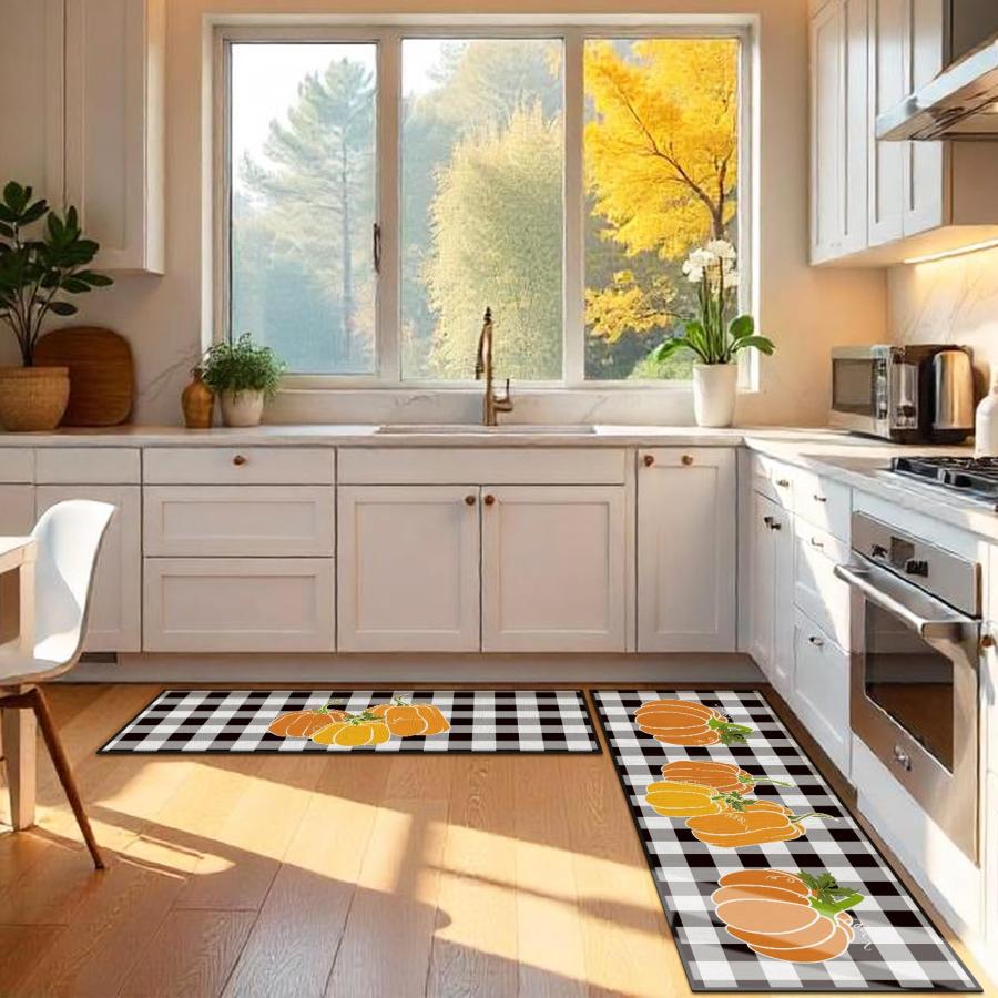 【並行輸入品】 Fourluoo Sets of 3 Thanksgiving Kitchen Rugs and Mats Fall Pumpk