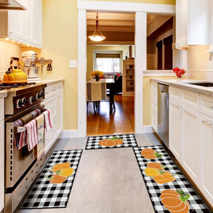 【並行輸入品】 Fourluoo Sets of 3 Thanksgiving Kitchen Rugs and Mats Fall Pumpk