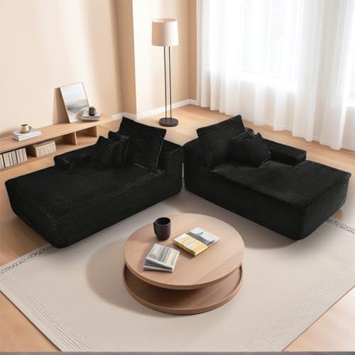 【並行輸入品】Yomsum 82インチ 特大セクショナルソファ リビングルーム用 ブラック コーデュロイ 骨なしソファベッド ダブル 快適 長椅_4