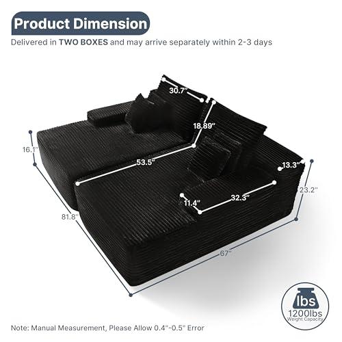 【並行輸入品】Yomsum 82インチ 特大セクショナルソファ リビングルーム用 ブラック コーデュロイ 骨なしソファベッド ダブル 快適 長椅_7