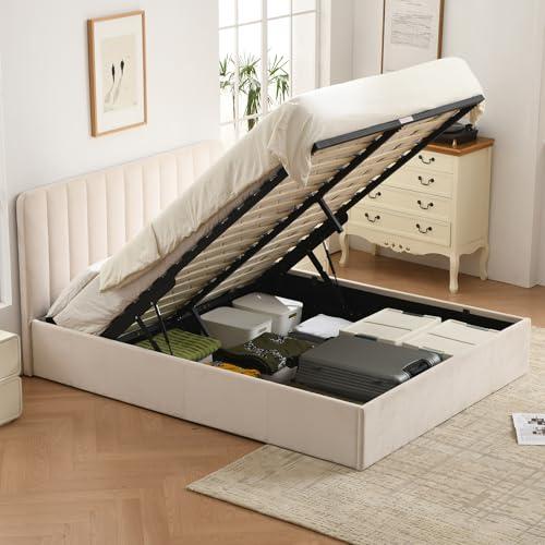 【並行輸入品】 PINJU Queen Size Storage Bed with Hydraulic Lift， Upholstered Pl